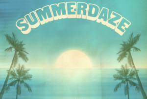 Summer Daze Herbal Smoking Blend logo. A sunset with Palm trees on either side