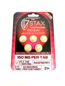 Premium Kratom product packaging:'Stax' Advanced Stability Tech with 150 mg per tab, shows 7-hydroxymitragynine, red-to-black gradient design and tablets visible through the bottom row.