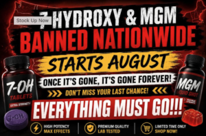 Bold ad for Hydroxy & MGM claiming 'BANNED NATIONWIDE' starts August with pills and bottles on a fiery red/black background.
