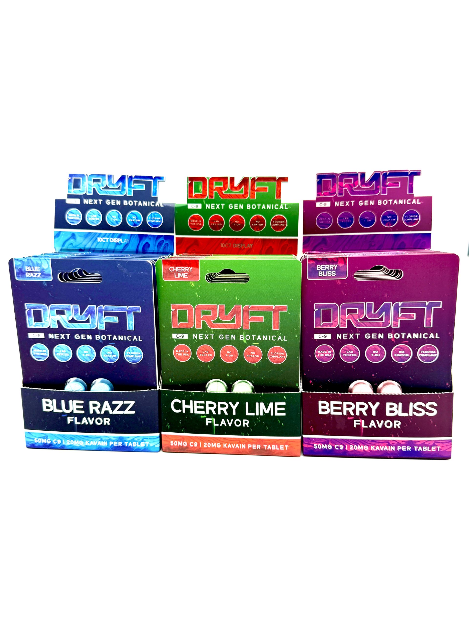 dryft-next-gen-botanical-7oh-alternative | LegalHerbalShop 3 10 count boxes of Dryft 7oh alternative tablets. five count each pack. Blue razz, Cherry and Berry bliss flavors