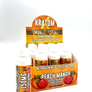 kratom-and-caffeine-liquid-shop-legalherbalshop | LegalHerbalShop 12 pack of Kratom X Liquid kratom shots. Box is open showing the individual bottles
