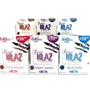three boxes of super klaz cats claw extract tablets. 8 count each pack. 10 packs per box. strawmelon, blue razz and grape flavor