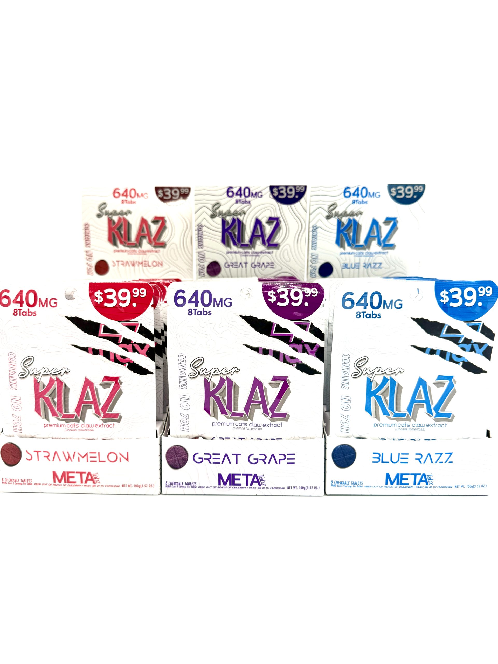 super-klaz-cats-claw-extract-7oh-alternative | LegalHerbalShop three boxes of super klaz cats claw extract tablets. 8 count each pack. 10 packs per box. strawmelon, blue razz and grape flavor