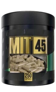 one black bottle of MIT45 plain leaf kratom capsules, 250 count