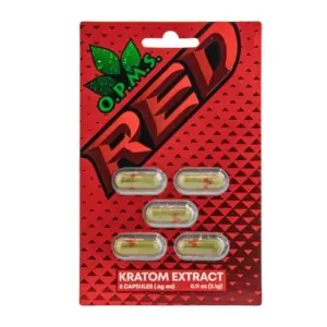 opms-red-kratom-extract-capsules-5-count | LegalHerbalShop A 5 count blister pack of OPMS kratom extract capsules