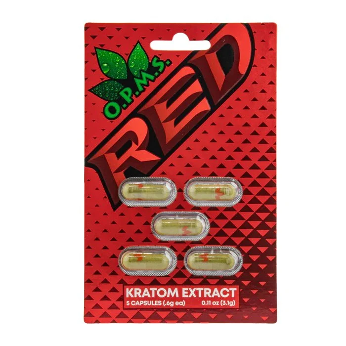 opms-red-kratom-extract-capsules-5-count | LegalHerbalShop A 5 count blister pack of OPMS kratom extract capsules