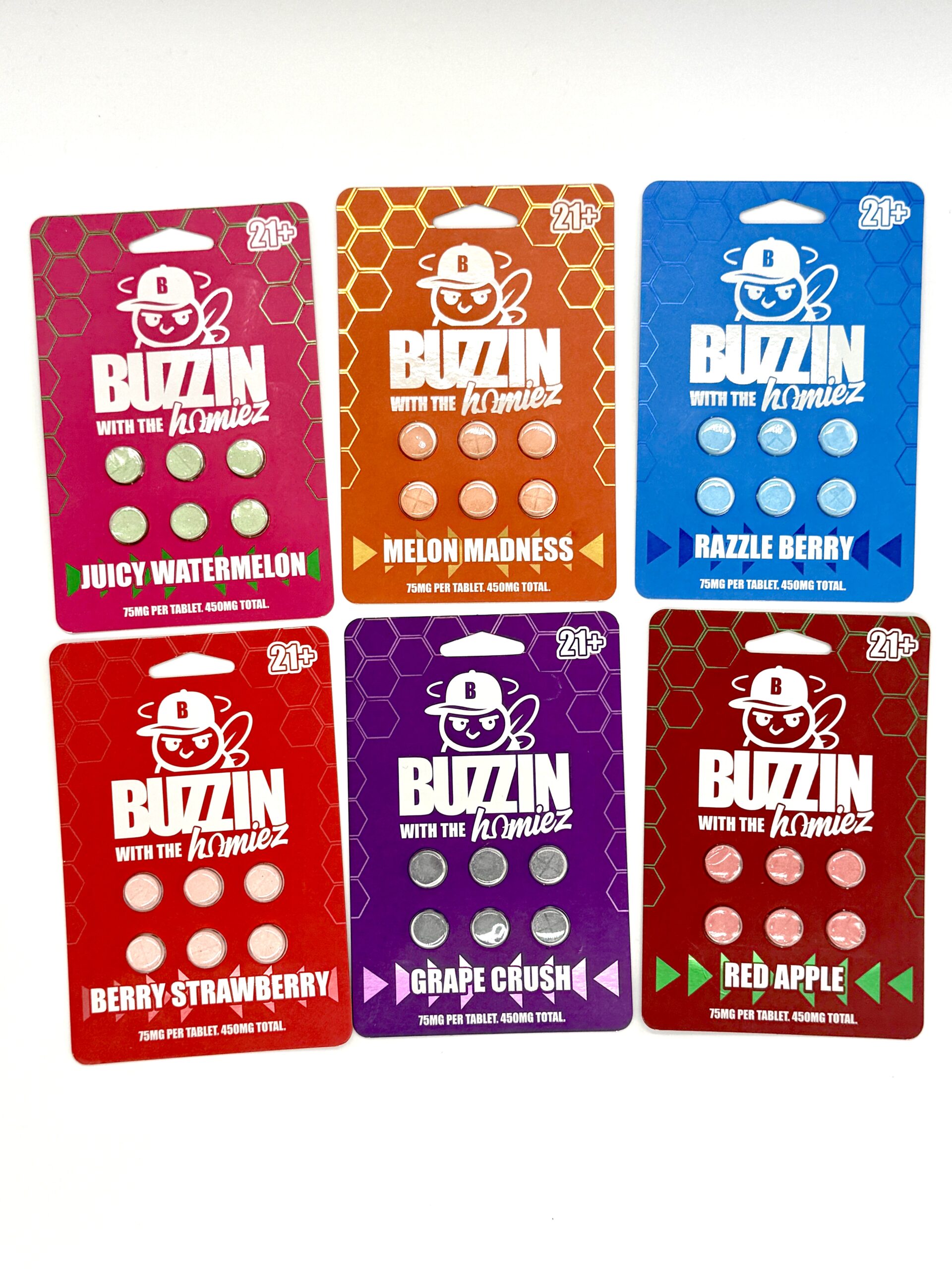 Buzzin-with-homiez-cats-claw-tablets-legalherbalshop | LegalHerbalShop Six 6ct packs of Buzzin cats claw tablets. All different flavors